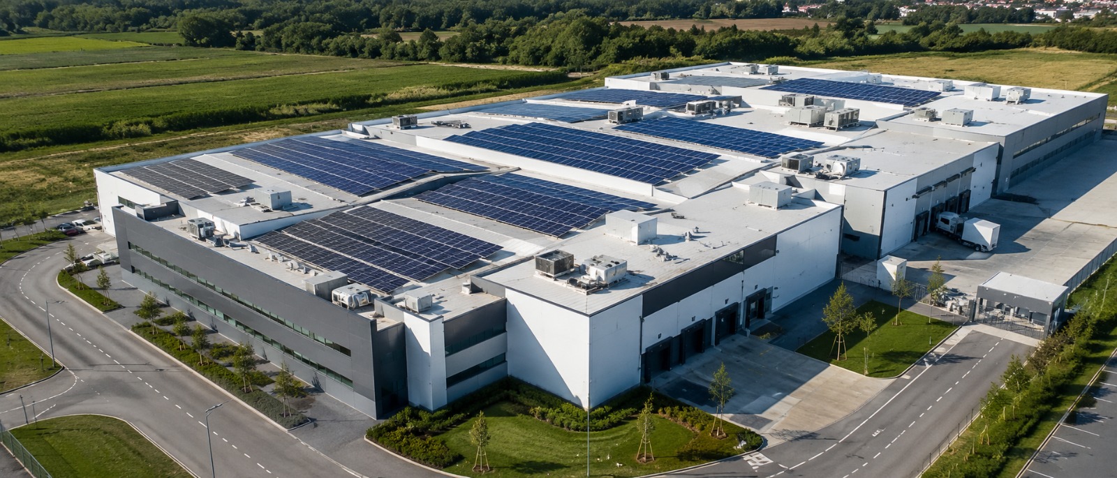 Vista aérea de una planta industrial con paneles solares fotovoltaicos instalados en el techo